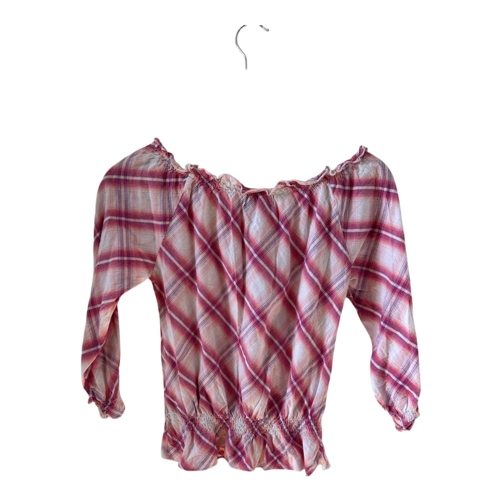 Sisters Point Bluse S Karo Carmen rosa weiß Baumwolle Smok Volant Vintage Style Top