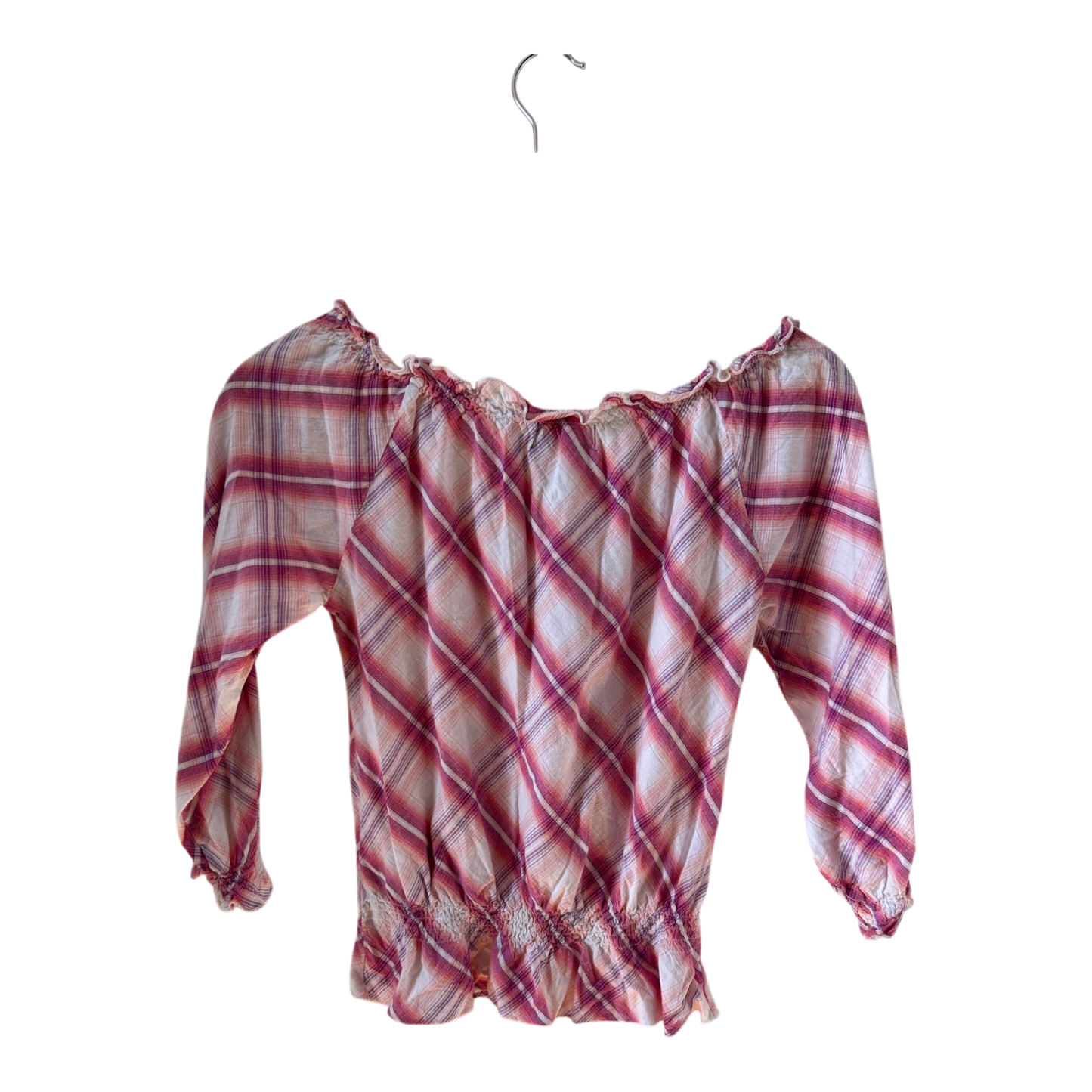 Sisters Point Bluse S Karo Carmen rosa weiß Baumwolle Smok Volant Vintage Style Top