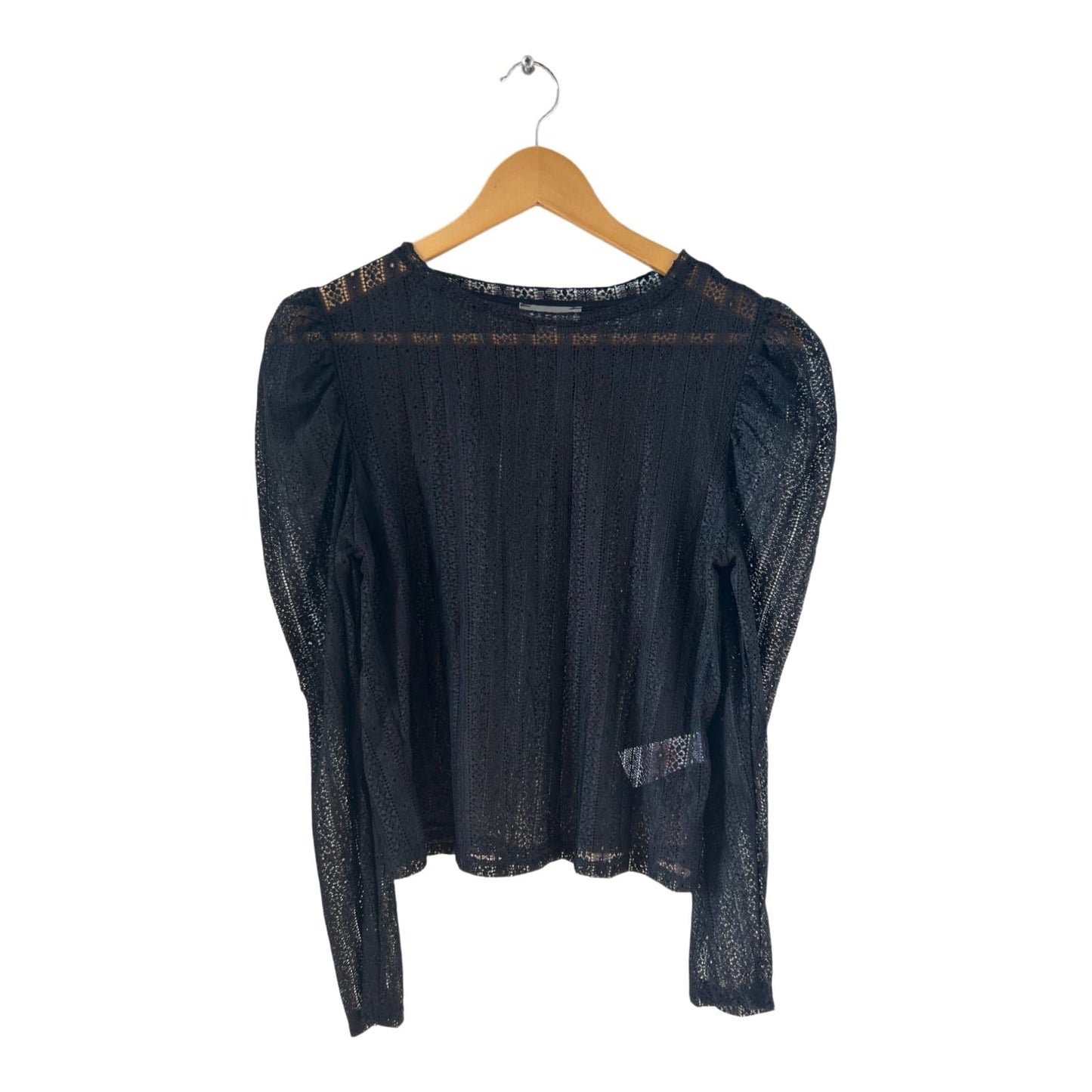 Primark Spitzen Shirt XS schwarz transparent Langarm elegant Stretch Glanz Top