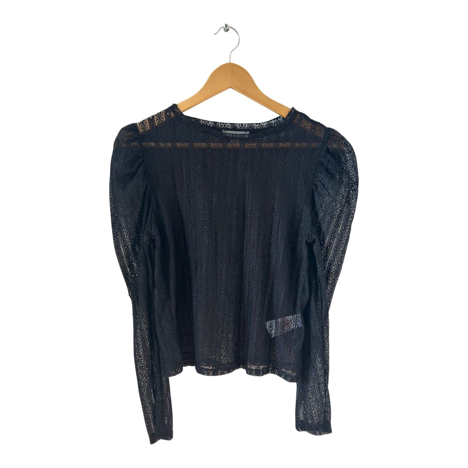 Primark Spitzen Shirt XS schwarz transparent Langarm elegant Stretch Glanz Top