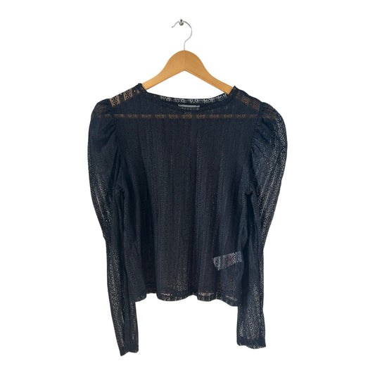 Primark Spitzen Shirt XS schwarz transparent Langarm elegant Stretch Glanz Top
