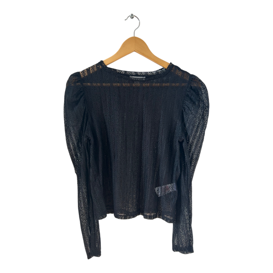 Primark Spitzen Shirt XS schwarz transparent Langarm elegant Stretch Glanz Top
