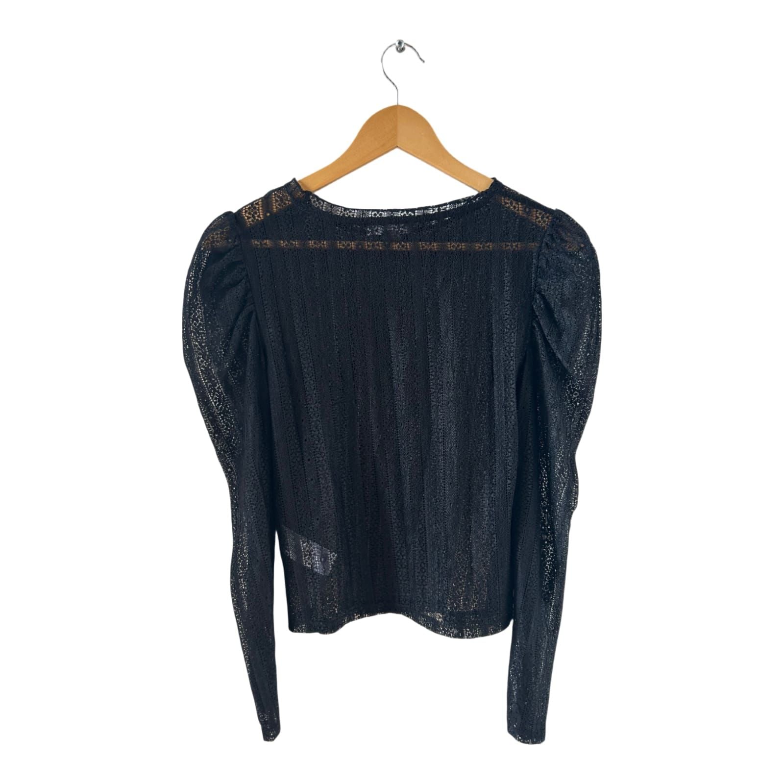 Primark Spitzen Shirt XS schwarz transparent Langarm elegant Stretch Glanz Top
