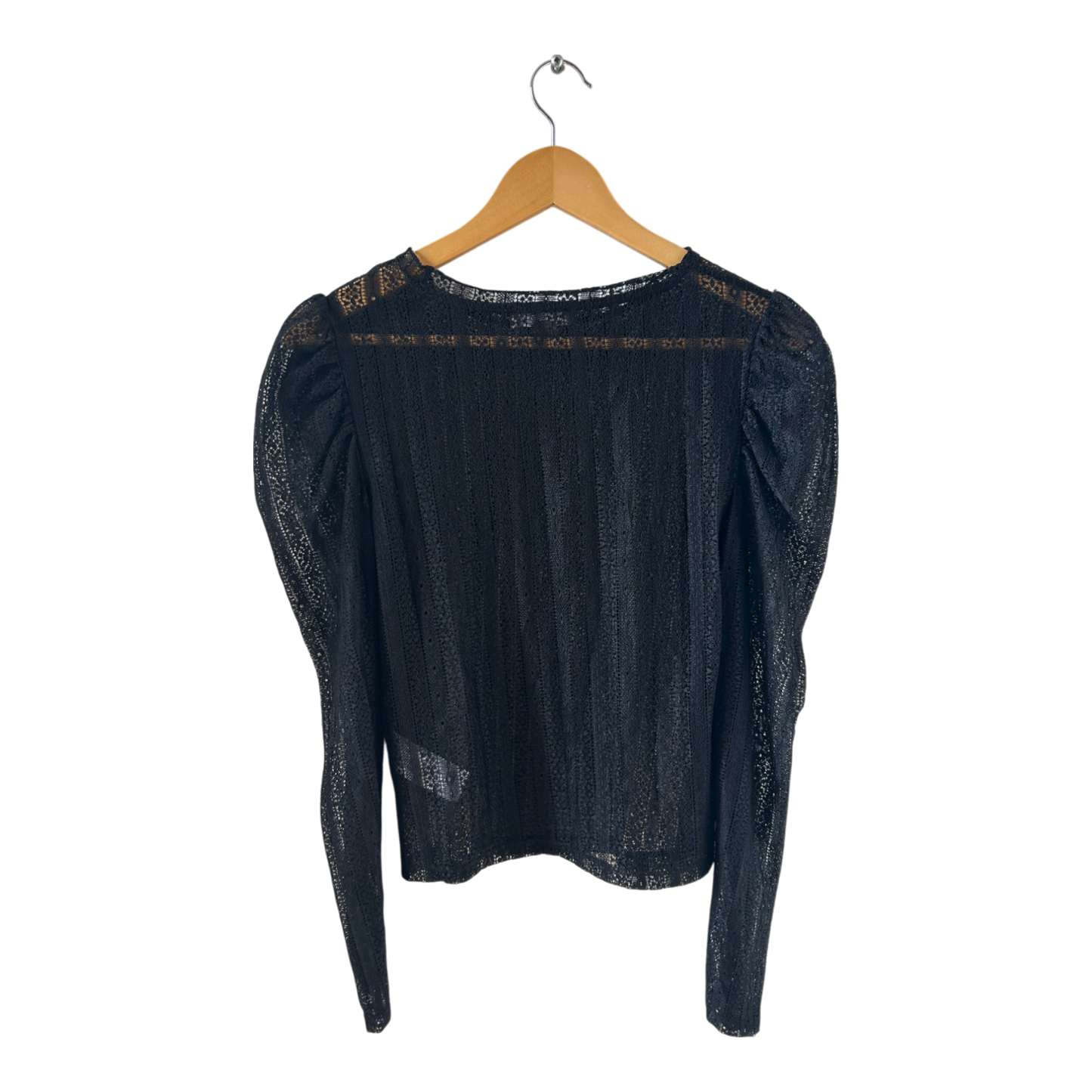 Primark Spitzen Shirt XS schwarz transparent Langarm elegant Stretch Glanz Top