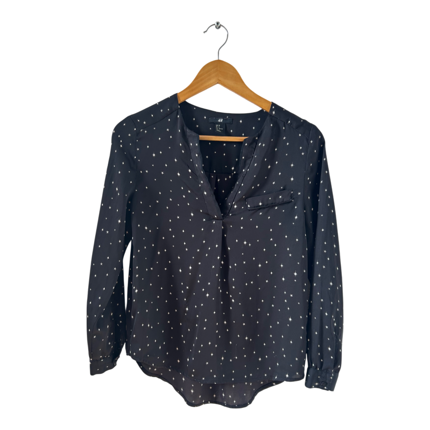 H&M Bluse 32 schwarz Sterne Langarm elegant leicht V-Ausschnitt Büro Top Damen