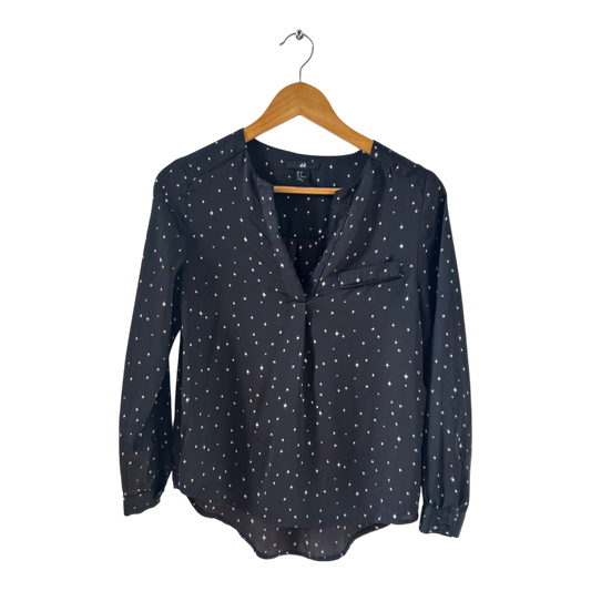H&M Bluse 32 schwarz Sterne Langarm elegant leicht V-Ausschnitt Büro Top Damen