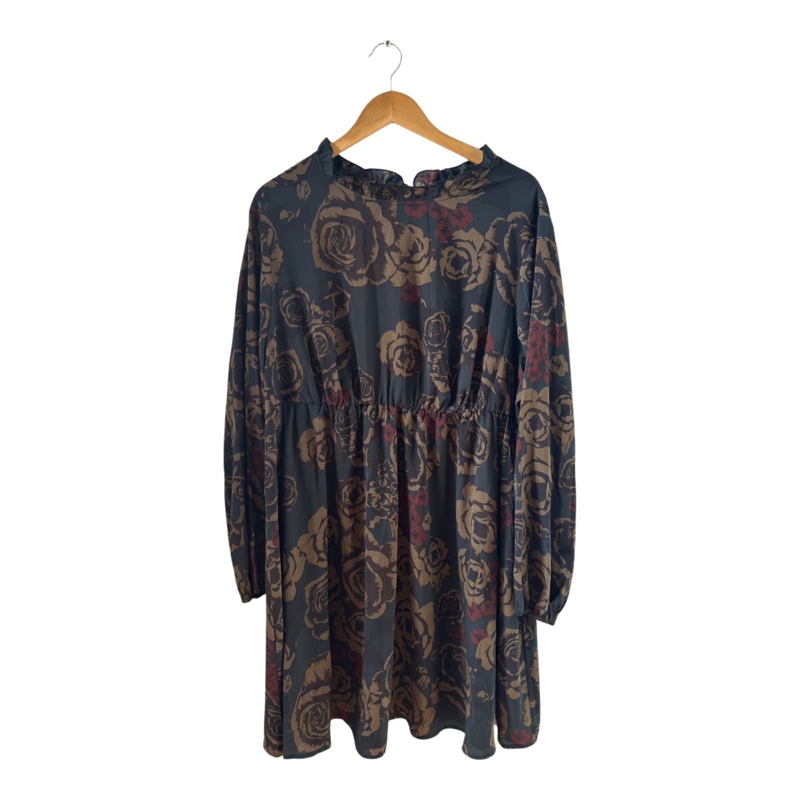 SHEIN CURVE Kleid Damen Dress Damenkleid Gr. 3XL Khaki Schwarz Blumen Langarm