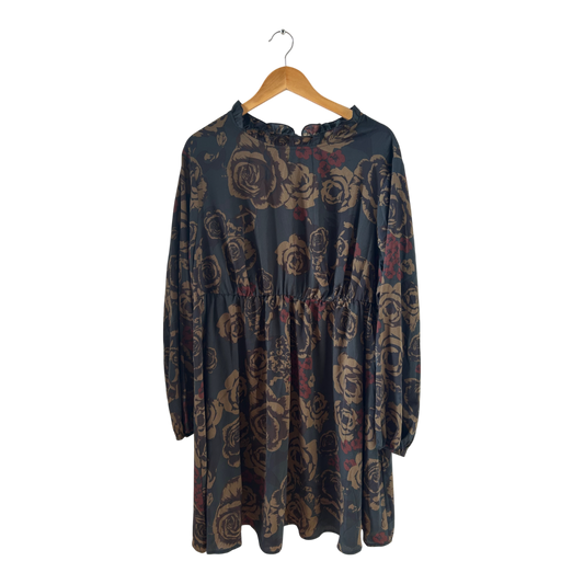 SHEIN CURVE Kleid Damen Dress Damenkleid Gr. 3XL Khaki Schwarz Blumen Langarm