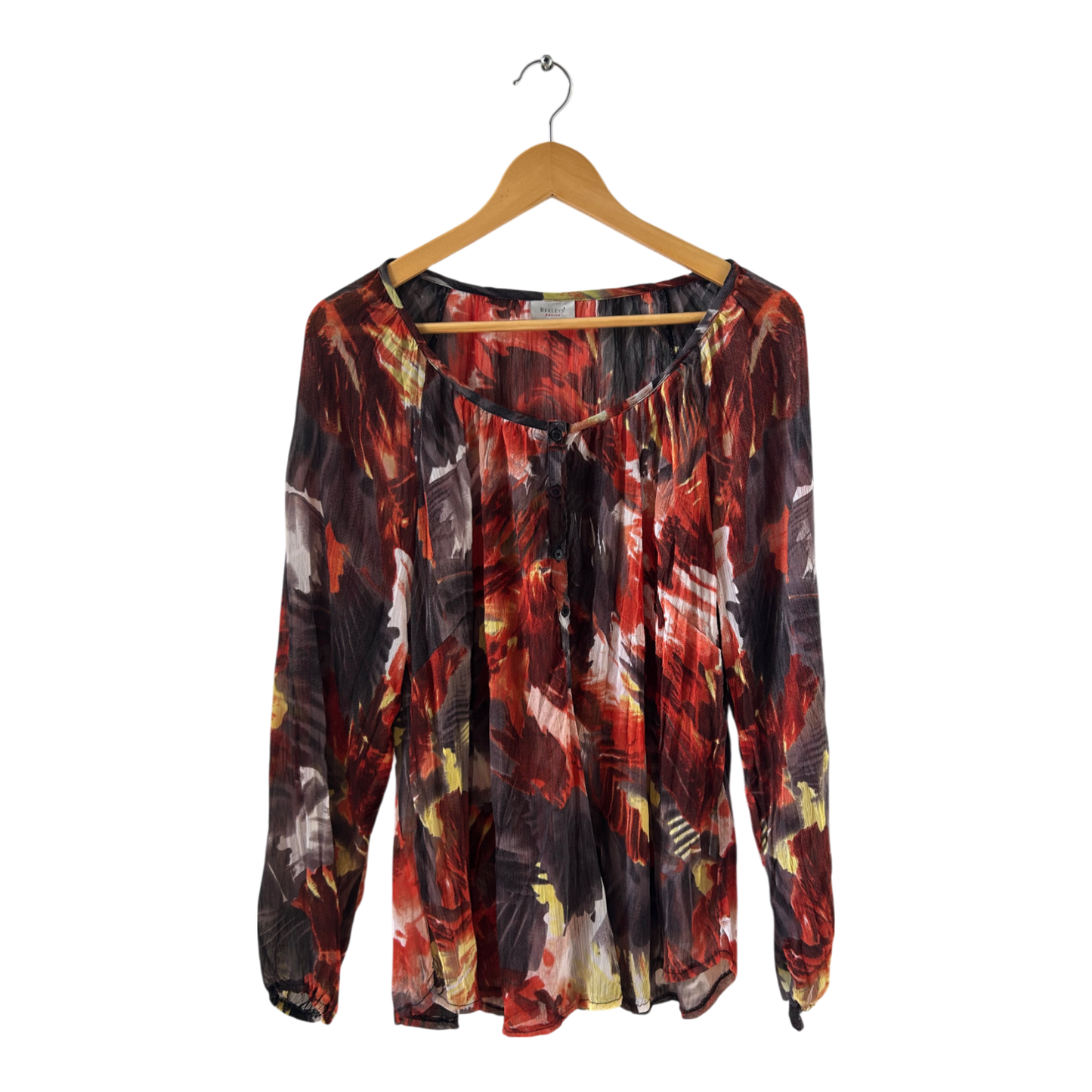 Bexleys Bluse Gr 46 abstrakt orange braun gelb leicht transparent elegant langarm