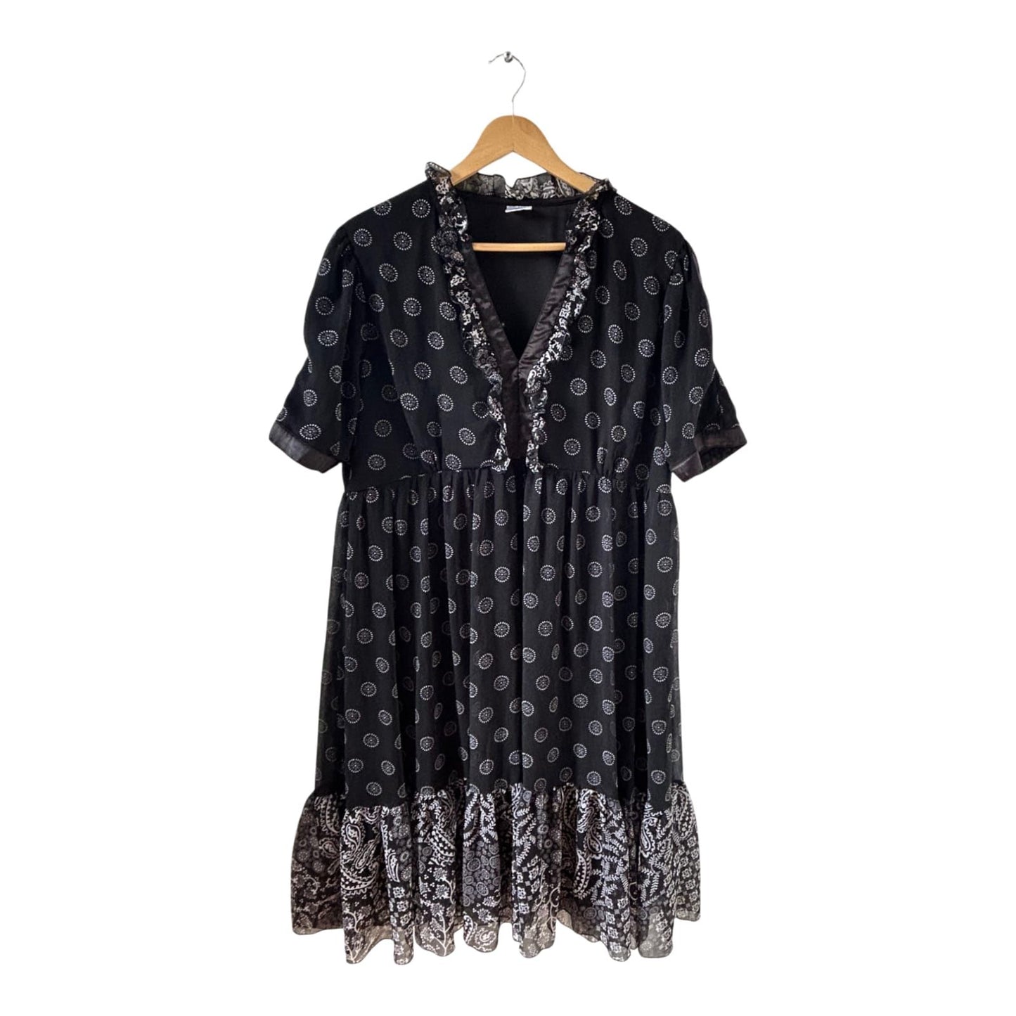 Vintage Kleid Damen Dress Damenkleid Gr. 50 Schwarz Gefüttert Volant Boho Stil