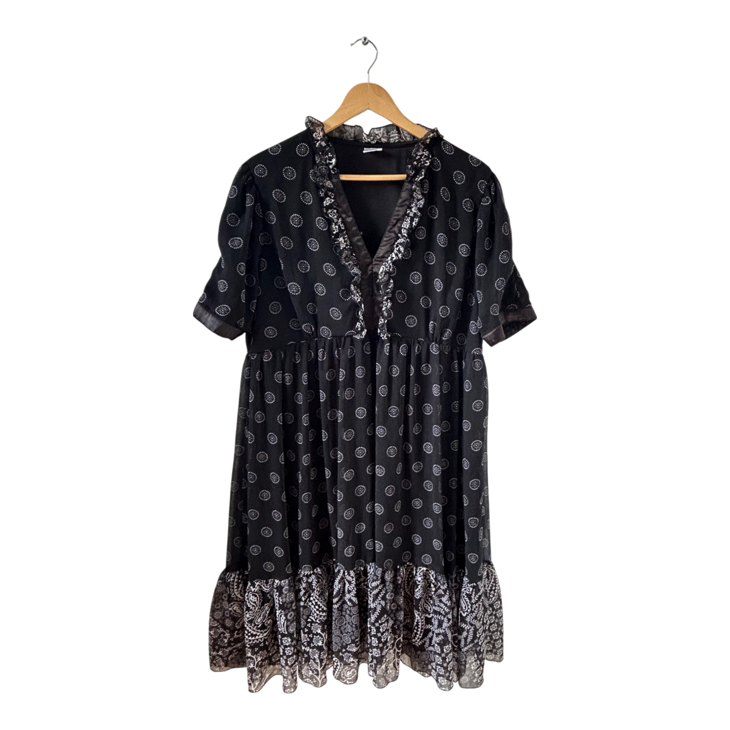 Vintage Kleid Damen Dress Damenkleid Gr. 50 Schwarz Gefüttert Volant Boho Stil