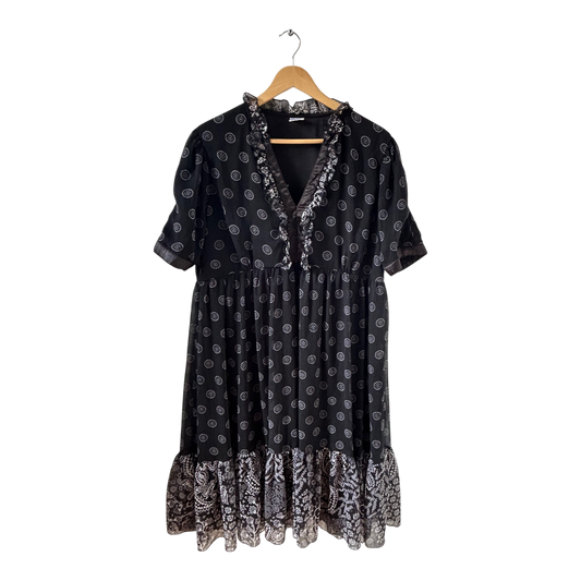 Vintage Kleid Damen Dress Damenkleid Gr. 50 Schwarz Gefüttert Volant Boho Stil