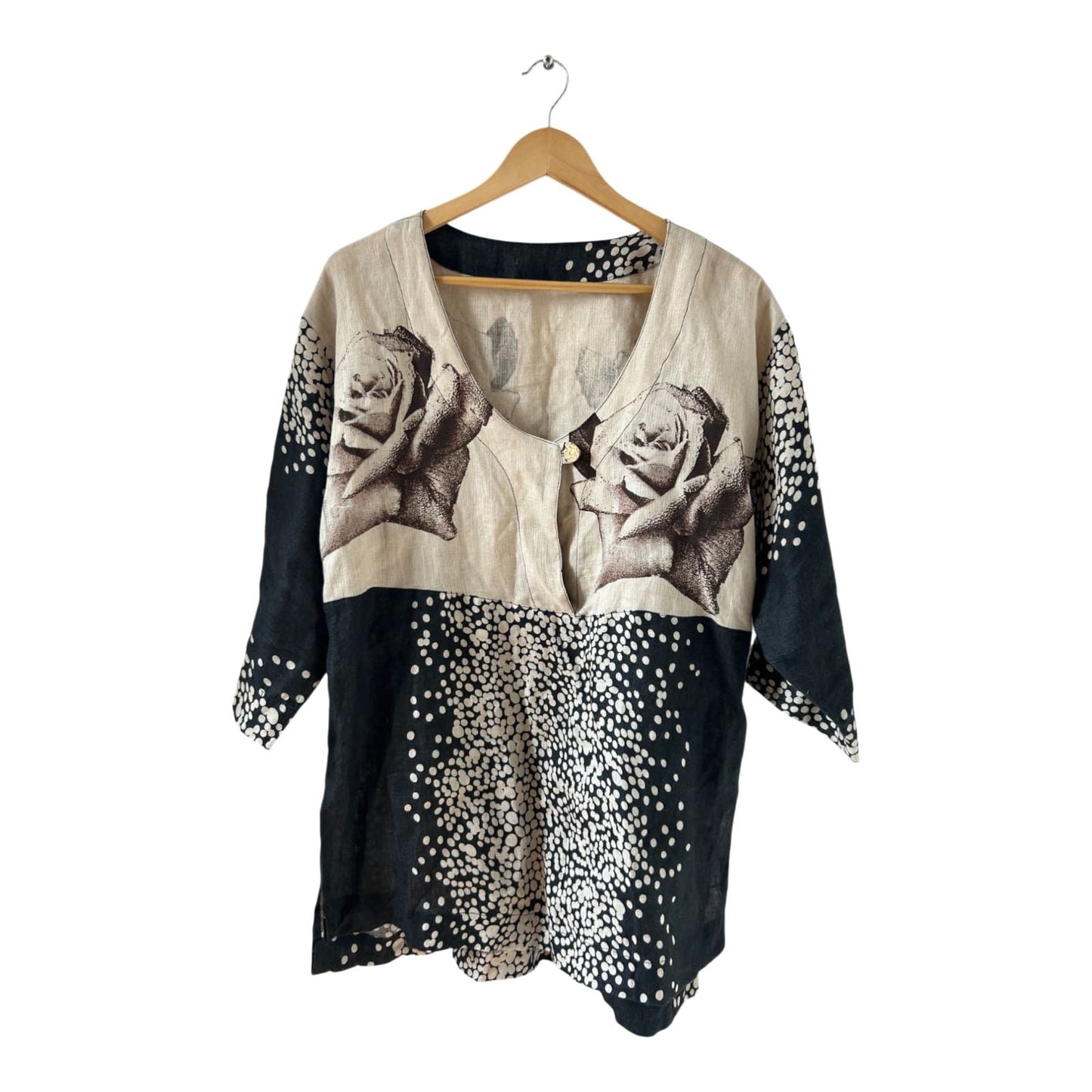 Wunderschöne Leinenbluse mit Rosenmuster Tunika Look XL Leinen Natur Boho