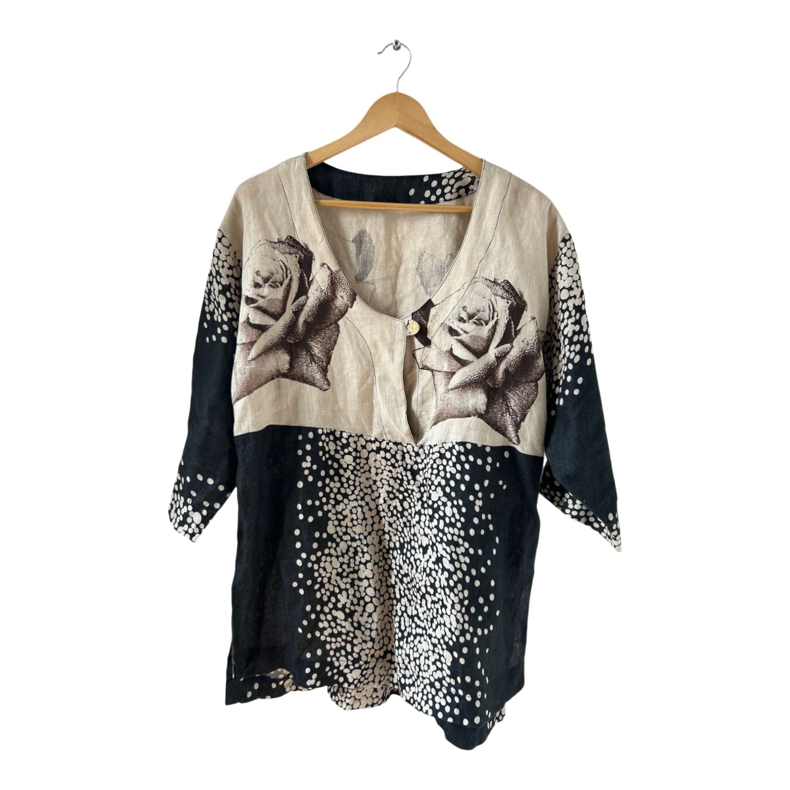 Wunderschöne Leinenbluse mit Rosenmuster Tunika Look XL Leinen Natur Boho