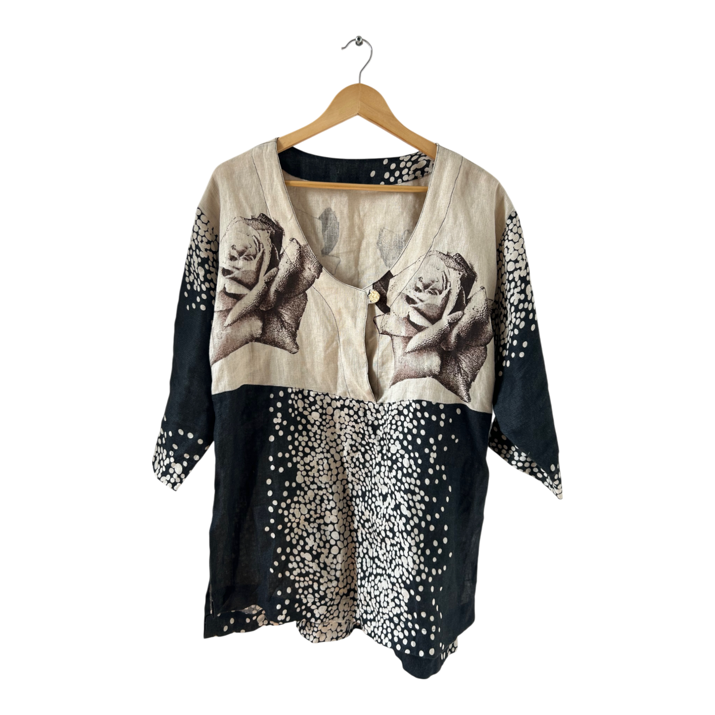 Wunderschöne Leinenbluse mit Rosenmuster Tunika Look XL Leinen Natur Boho