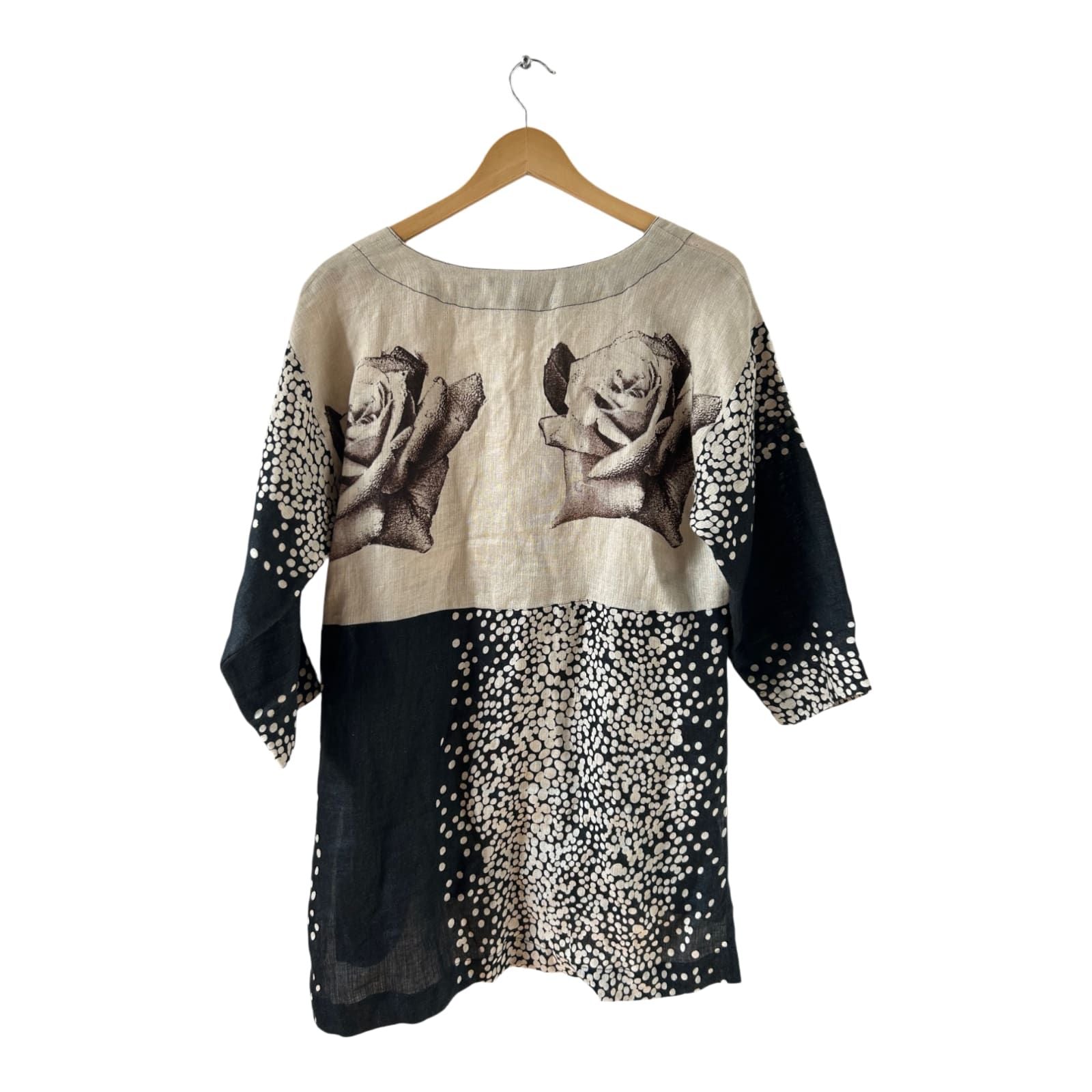 Wunderschöne Leinenbluse mit Rosenmuster Tunika Look XL Leinen Natur Boho