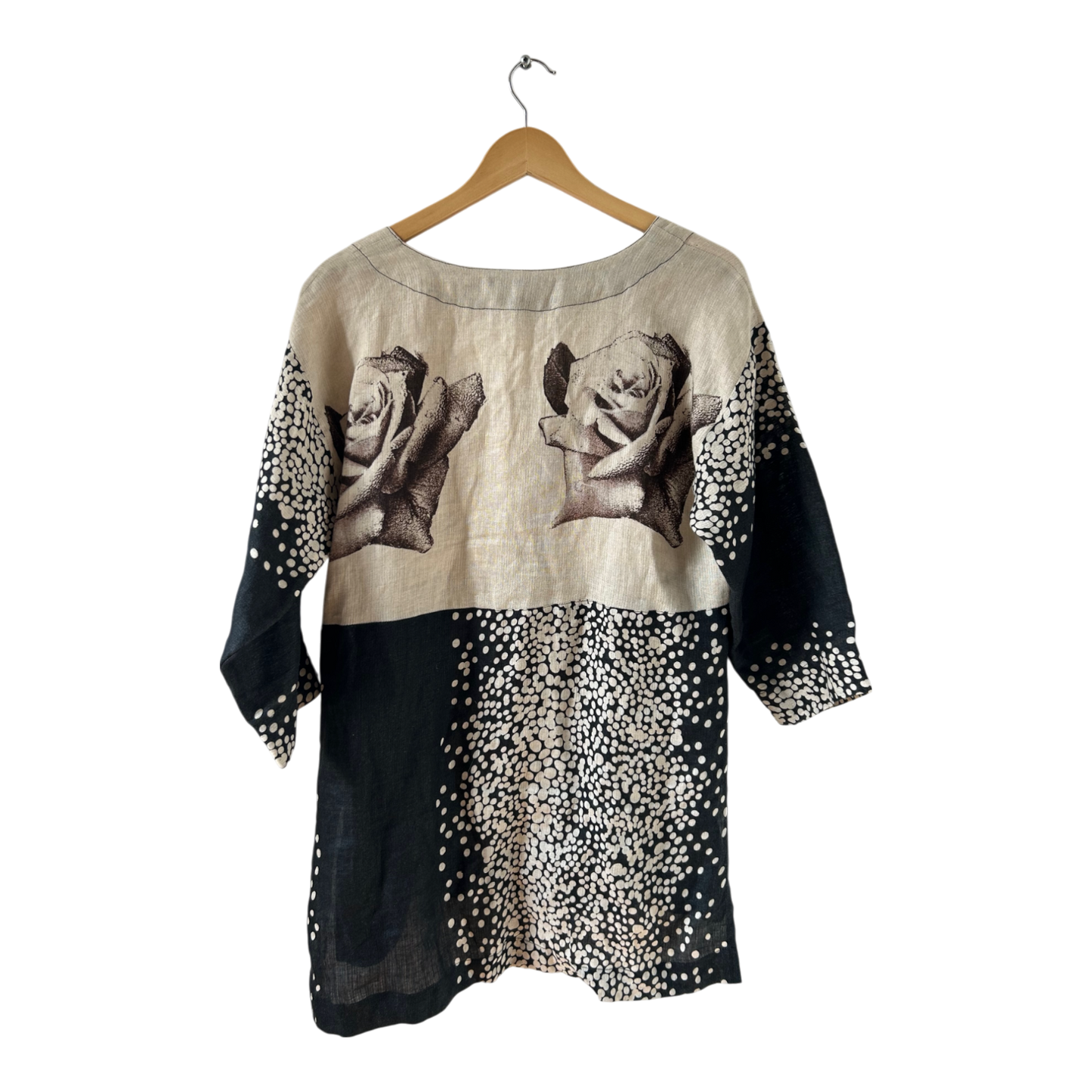 Wunderschöne Leinenbluse mit Rosenmuster Tunika Look XL Leinen Natur Boho