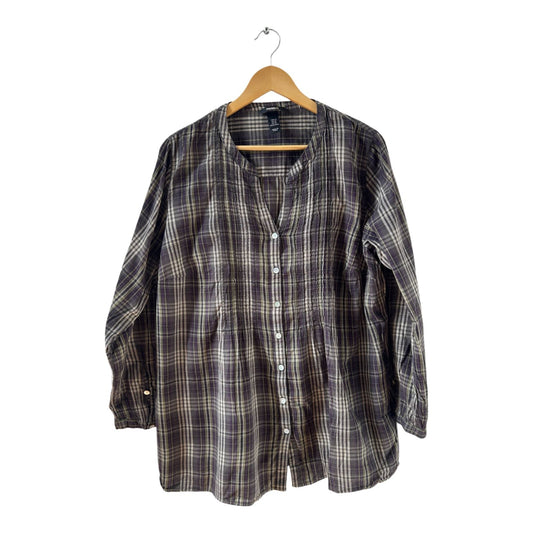 H&M Bluse Gr 50 Lila Grau Kariert Baumwolle Langarm Tunika Style Knopfleiste Casual
