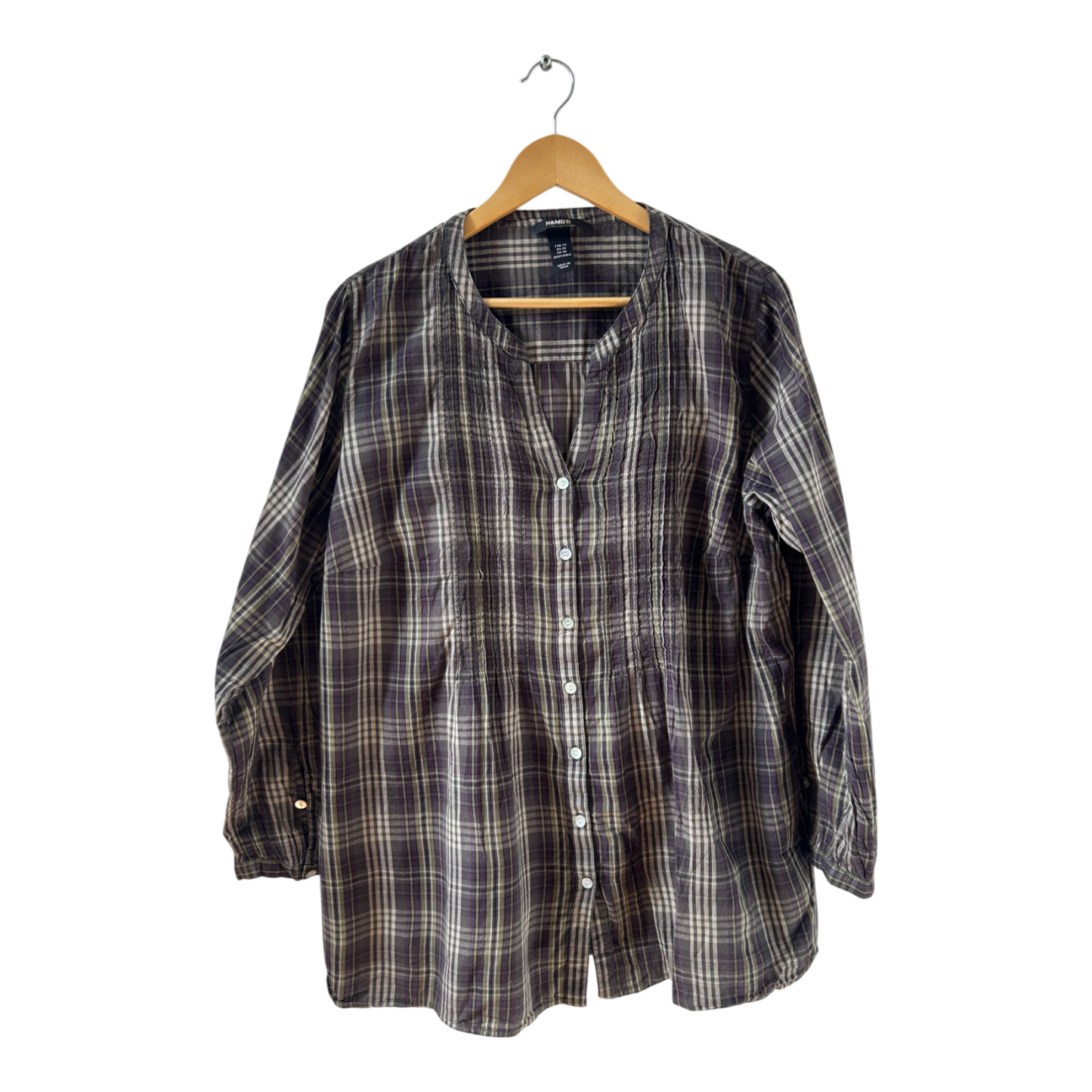 H&M Bluse Gr 50 Lila Grau Kariert Baumwolle Langarm Tunika Style Knopfleiste Casual