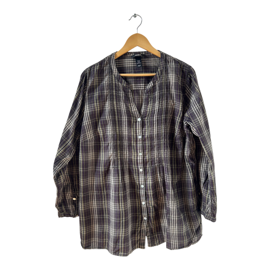 H&M Bluse Gr 50 Lila Grau Kariert Baumwolle Langarm Tunika Style Knopfleiste Casual