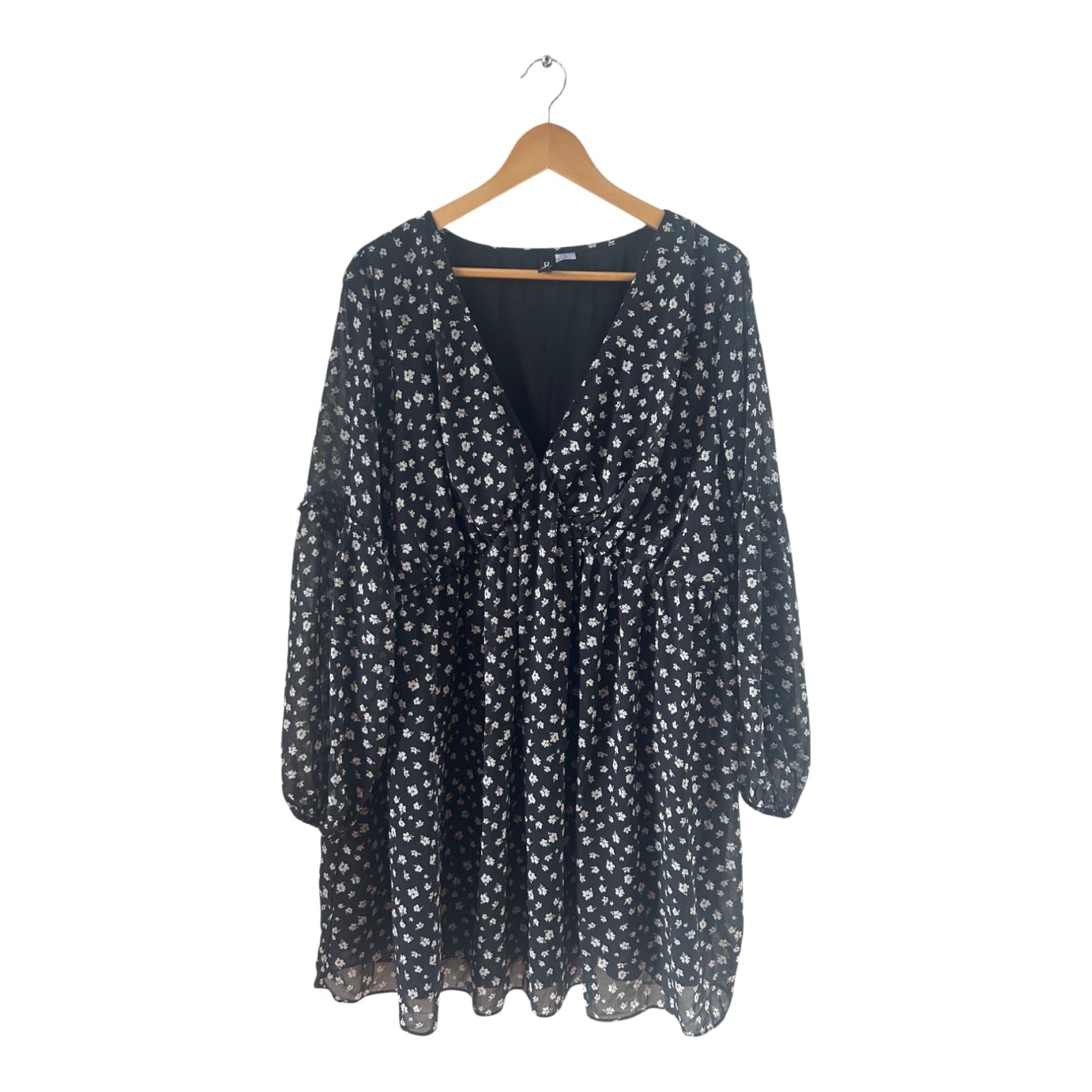 H&M Kleid Damen Dress Damenkleid Gr. 2XL Schwarz Weiß Blumen Gefüttert Boho