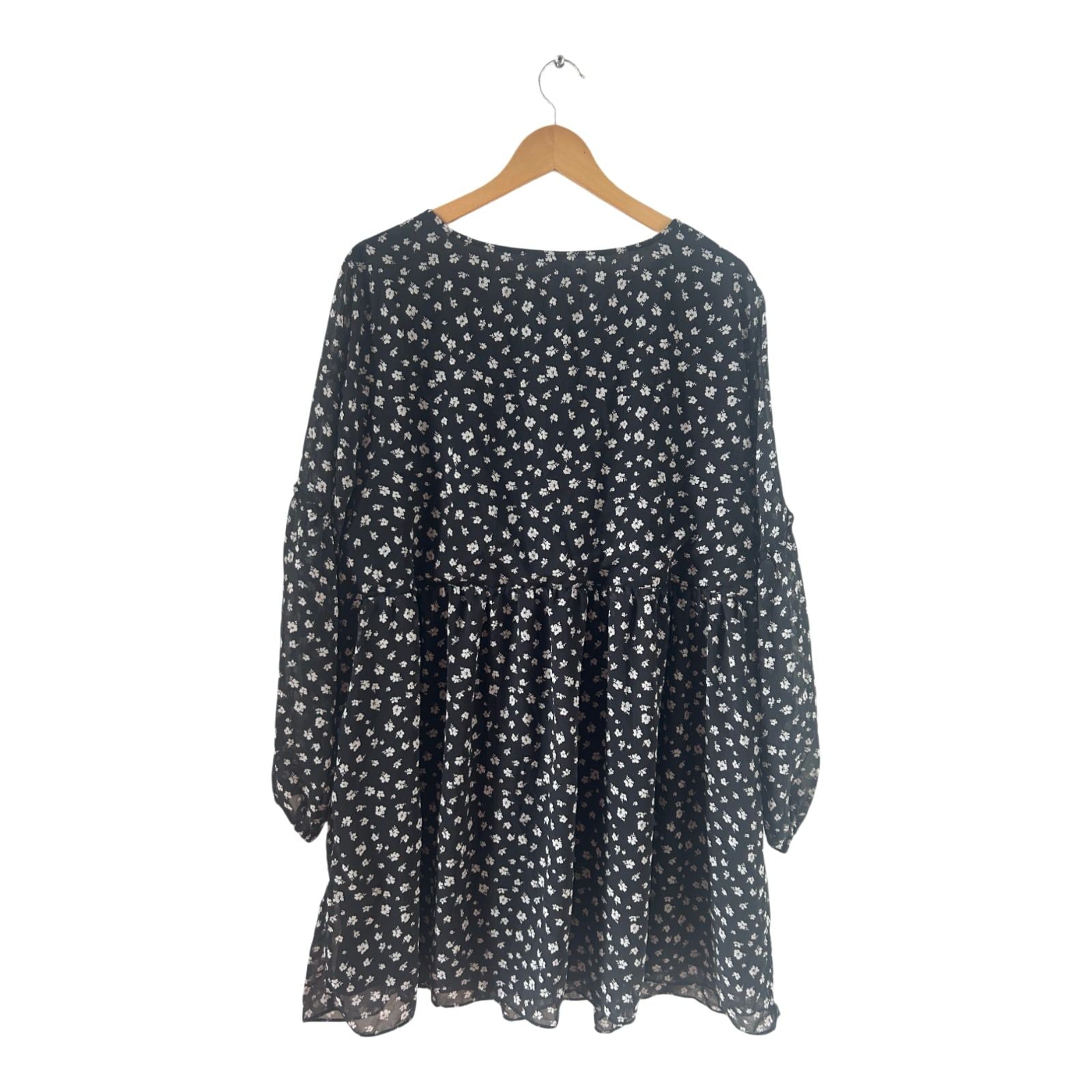 H&M Kleid Damen Dress Damenkleid Gr. 2XL Schwarz Weiß Blumen Gefüttert Boho