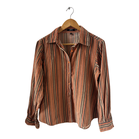 Joy Bluse Gr 40 Feincord Baumwolle Gestreift Langarm Retro Style Braun Orange Beige
