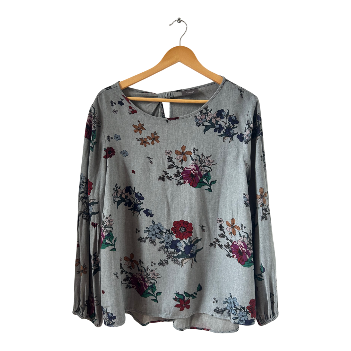 Yessica Bluse grau mit Blumenmuster Gr 46 100 % Viskose locker fallend elegant