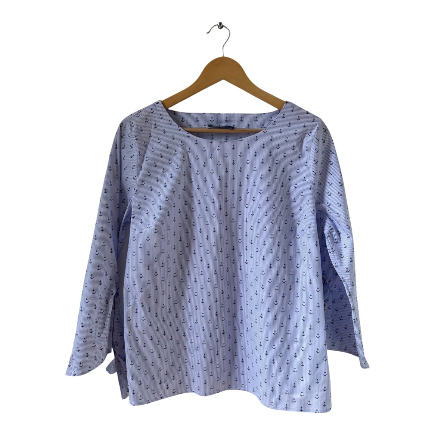 Fiora Bluse Ankerprint Hellblau Gr 40 Baumwolle Schleifenärmel maritim