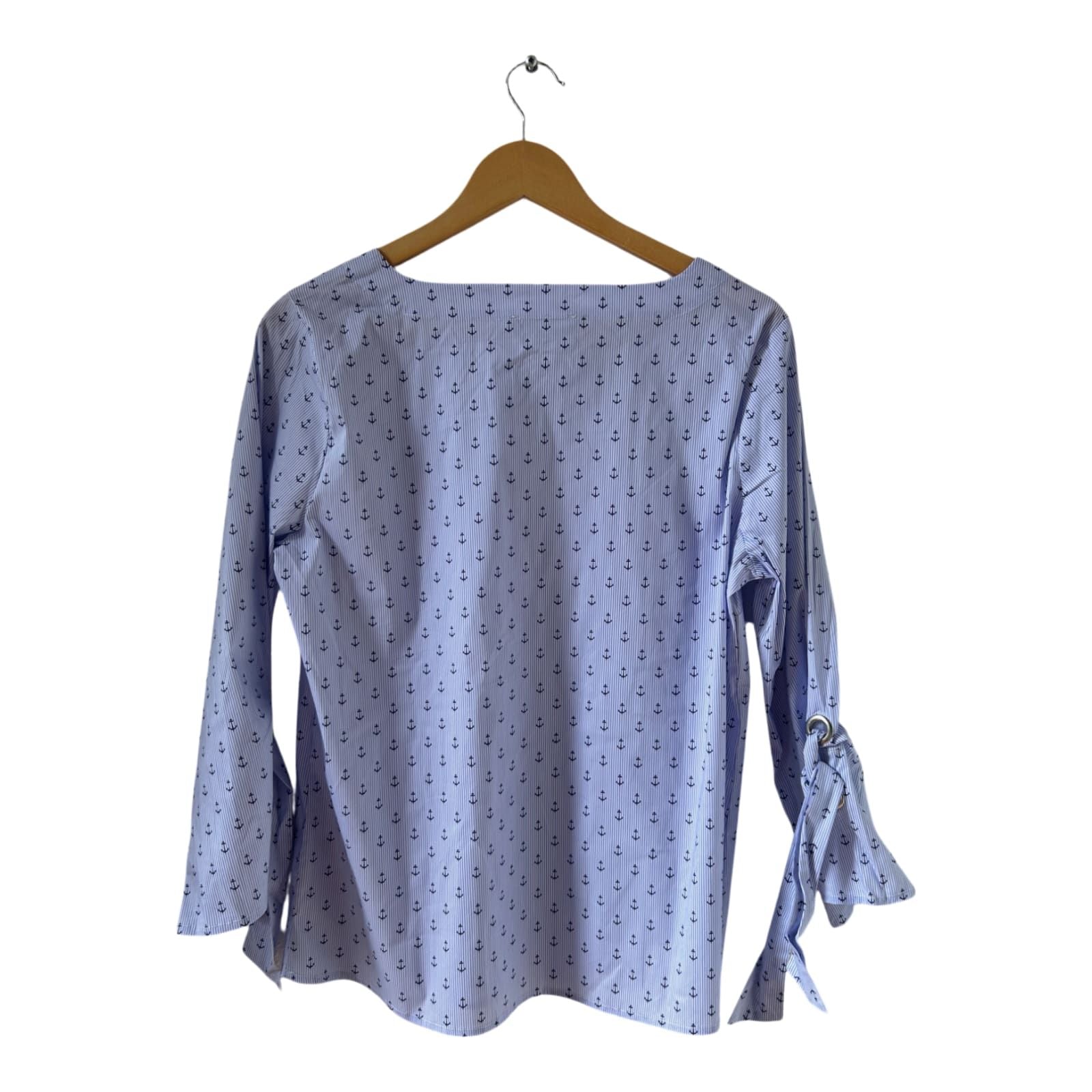 Fiora Bluse Ankerprint Hellblau Gr 40 Baumwolle Schleifenärmel maritim