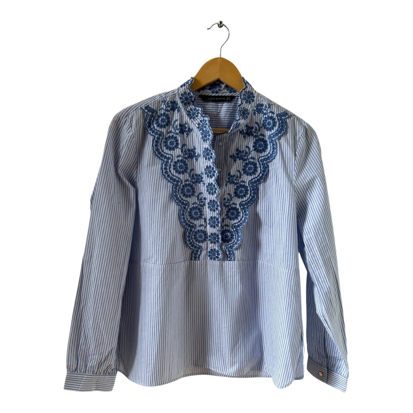 Zara Woman Bluse Gr M Blau Weiß Streifen Stickerei Baumwolle elegant Boho