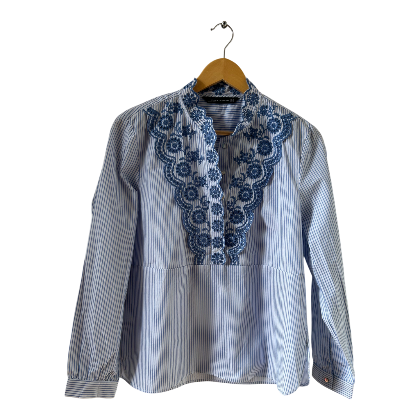 Zara Woman Bluse Gr M Blau Weiß Streifen Stickerei Baumwolle elegant Boho