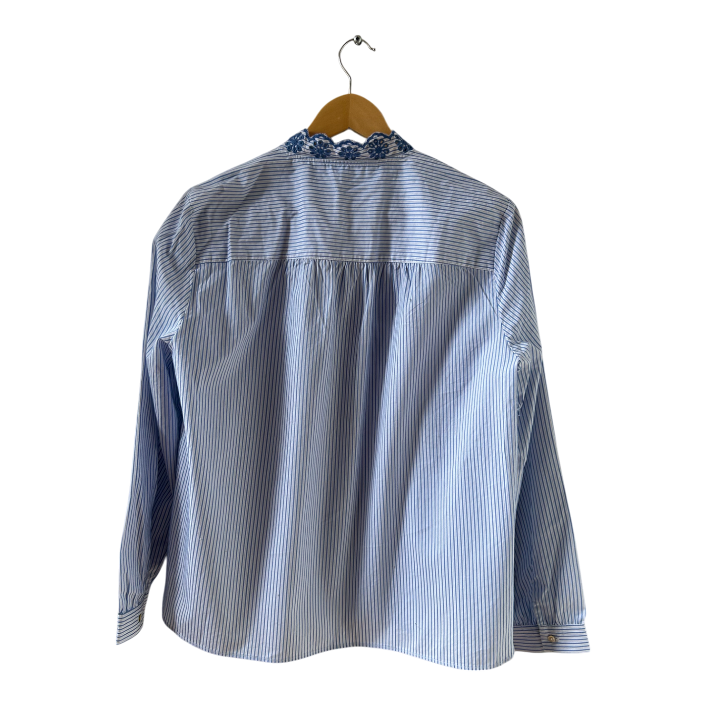 Zara Woman Bluse Gr M Blau Weiß Streifen Stickerei Baumwolle elegant Boho