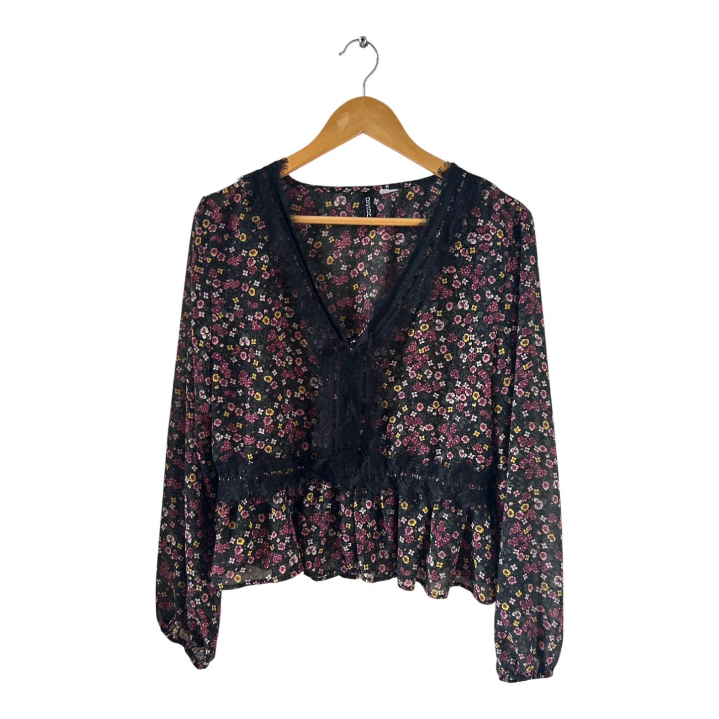 Divided H&M Bluse Gr 40 Schwarz mit Blumen Rüschen Spitze verspielt Boho Look