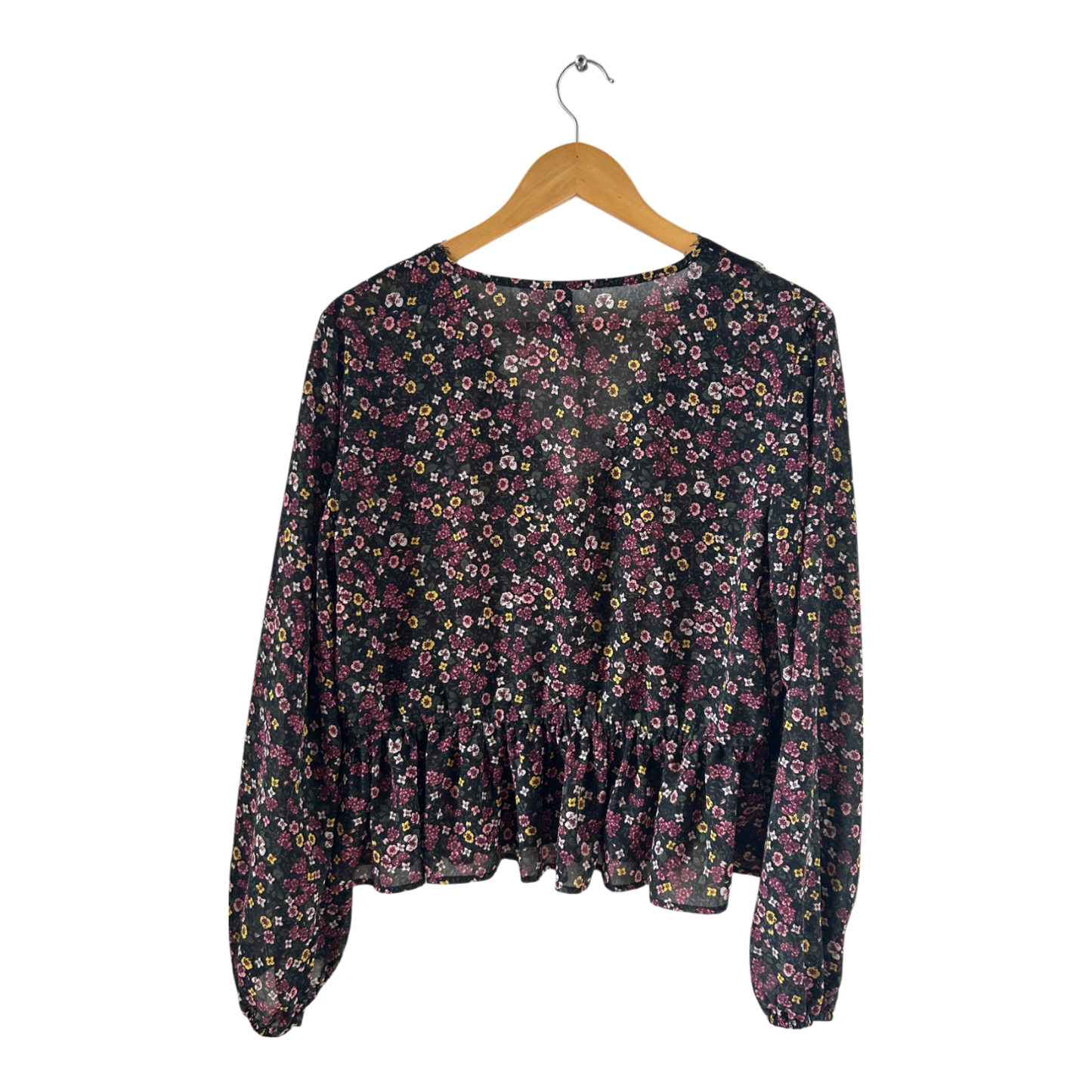 Divided H&M Bluse Gr 40 Schwarz mit Blumen Rüschen Spitze verspielt Boho Look