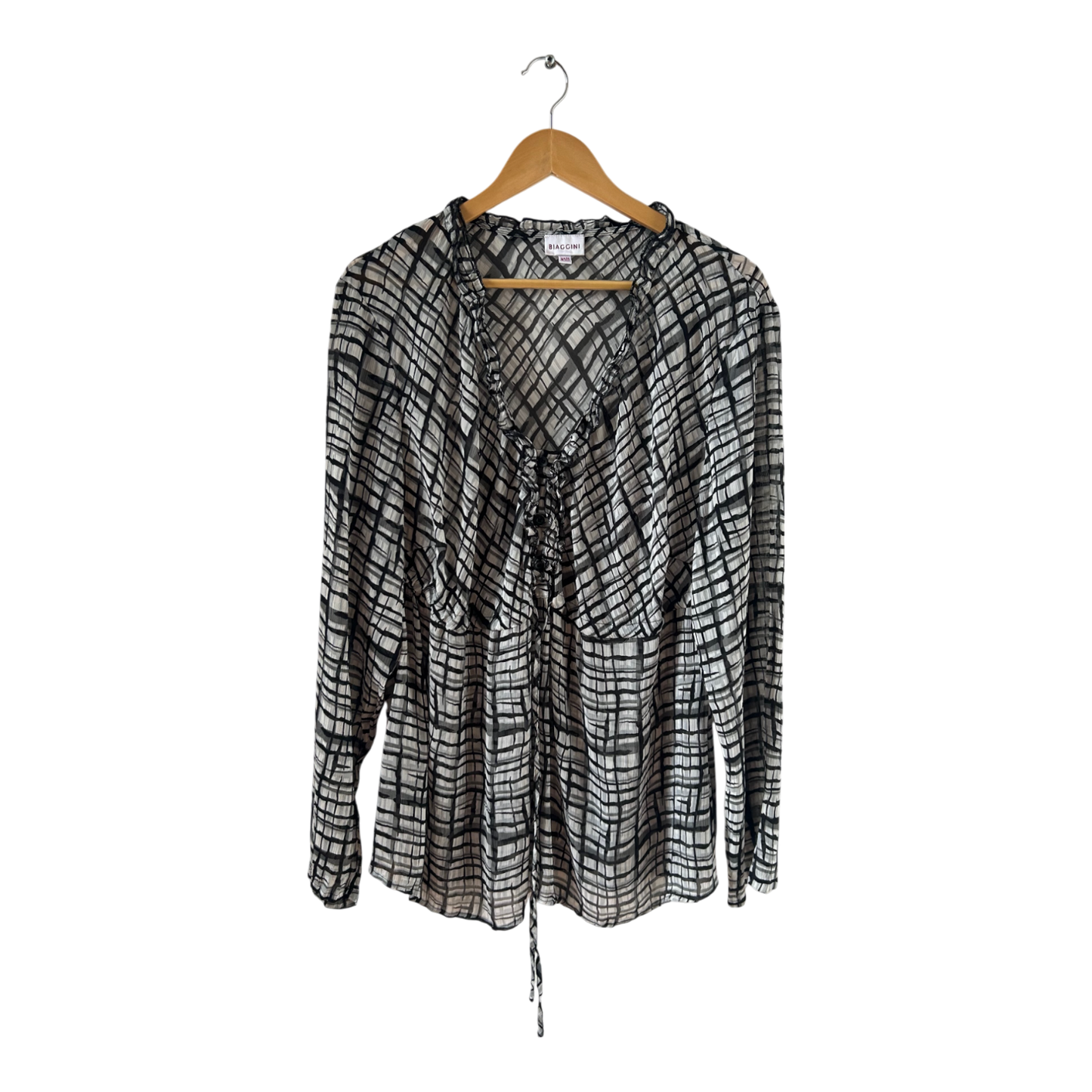 Biaggini Tunika Gr 48 Schwarz Weiß Muster Raffung V-Ausschnitt figurumspielend