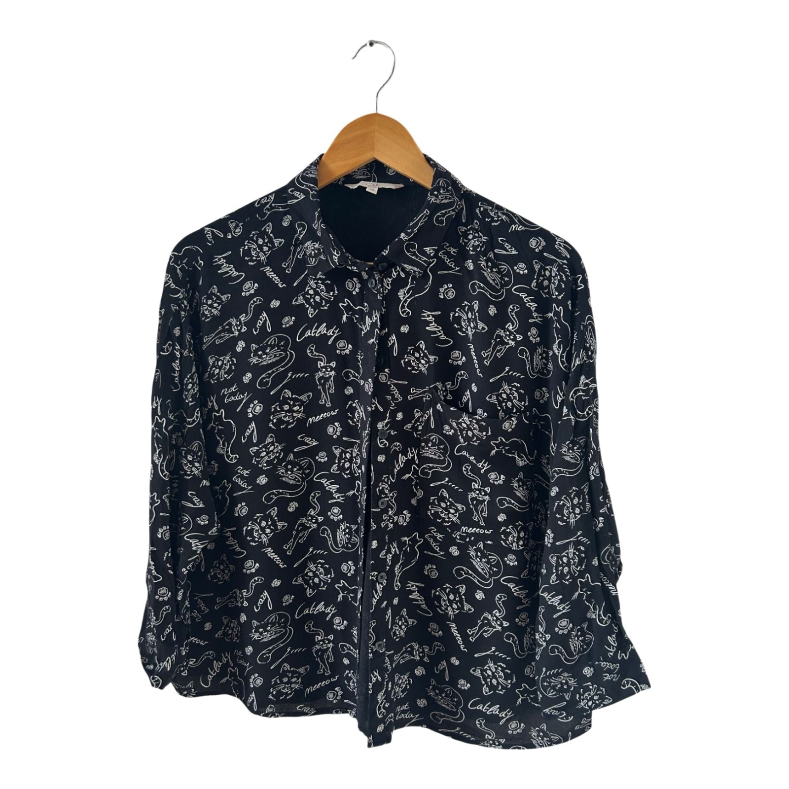 Clockhouse Bluse Katzenmuster Gr 38 Schwarz Weiß Viskose locker verspielt cute