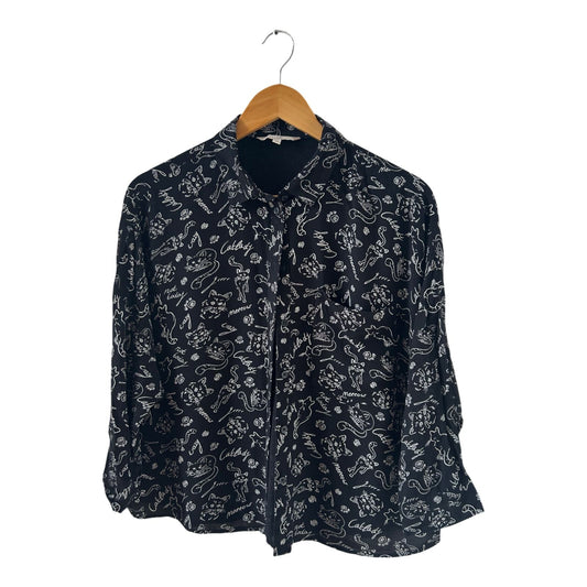 Clockhouse Bluse Katzenmuster Gr 38 Schwarz Weiß Viskose locker verspielt cute