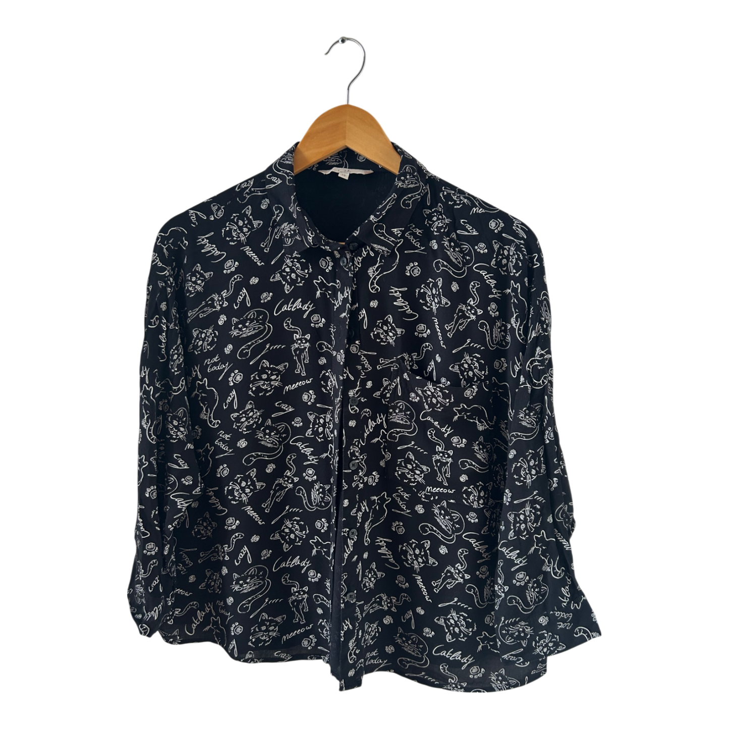 Clockhouse Bluse Katzenmuster Gr 38 Schwarz Weiß Viskose locker verspielt cute