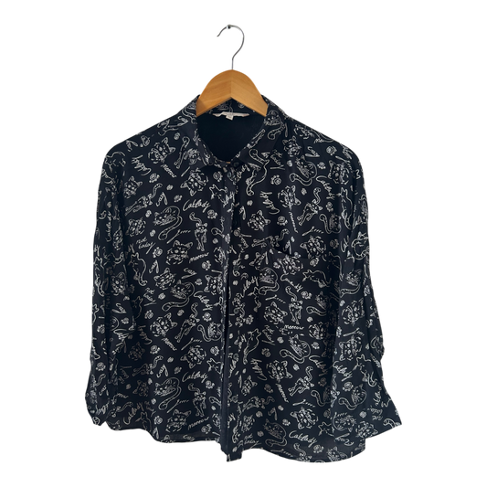 Clockhouse Bluse Katzenmuster Gr 38 Schwarz Weiß Viskose locker verspielt cute