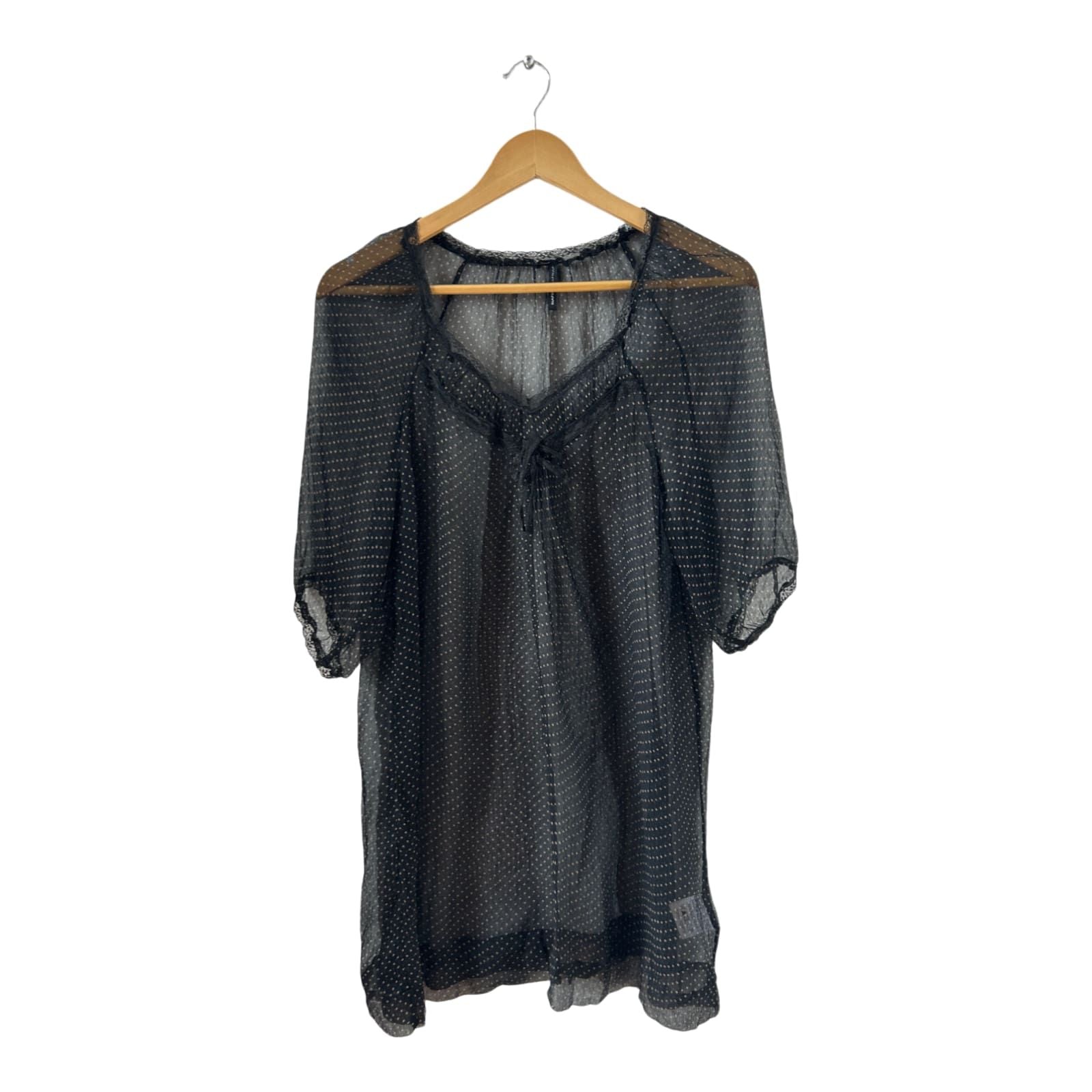 Naf Naf Bluse schwarz Seide transparent Punkte Gr 38 elegant Tunika Boho Sommer