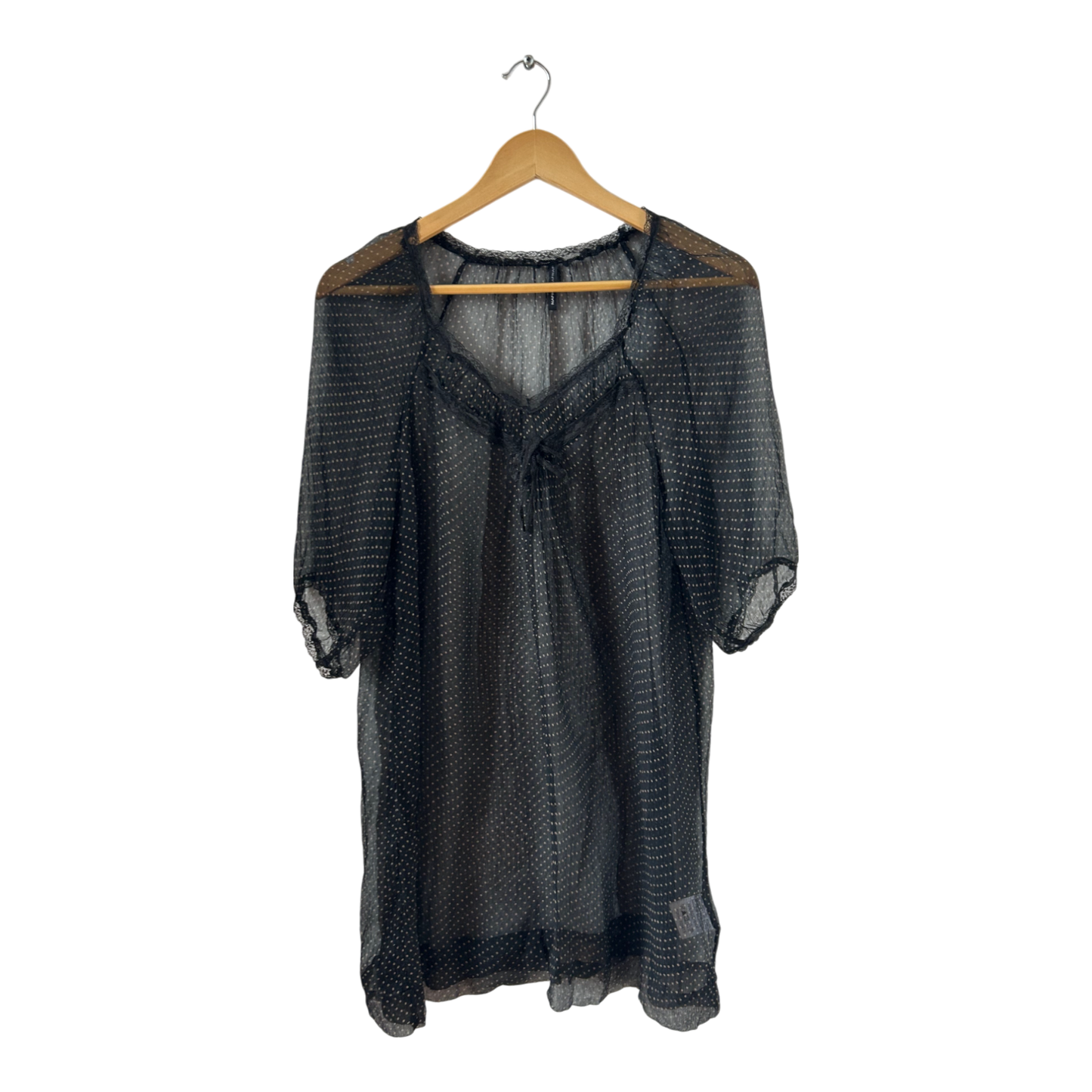 Naf Naf Bluse schwarz Seide transparent Punkte Gr 38 elegant Tunika Boho Sommer