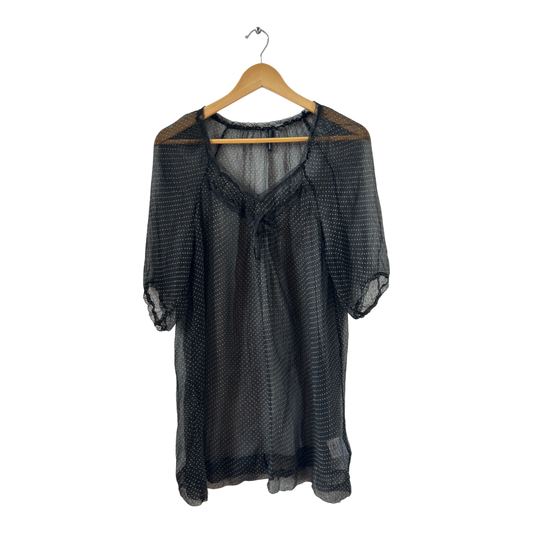 Naf Naf Bluse schwarz Seide transparent Punkte Gr 38 elegant Tunika Boho Sommer