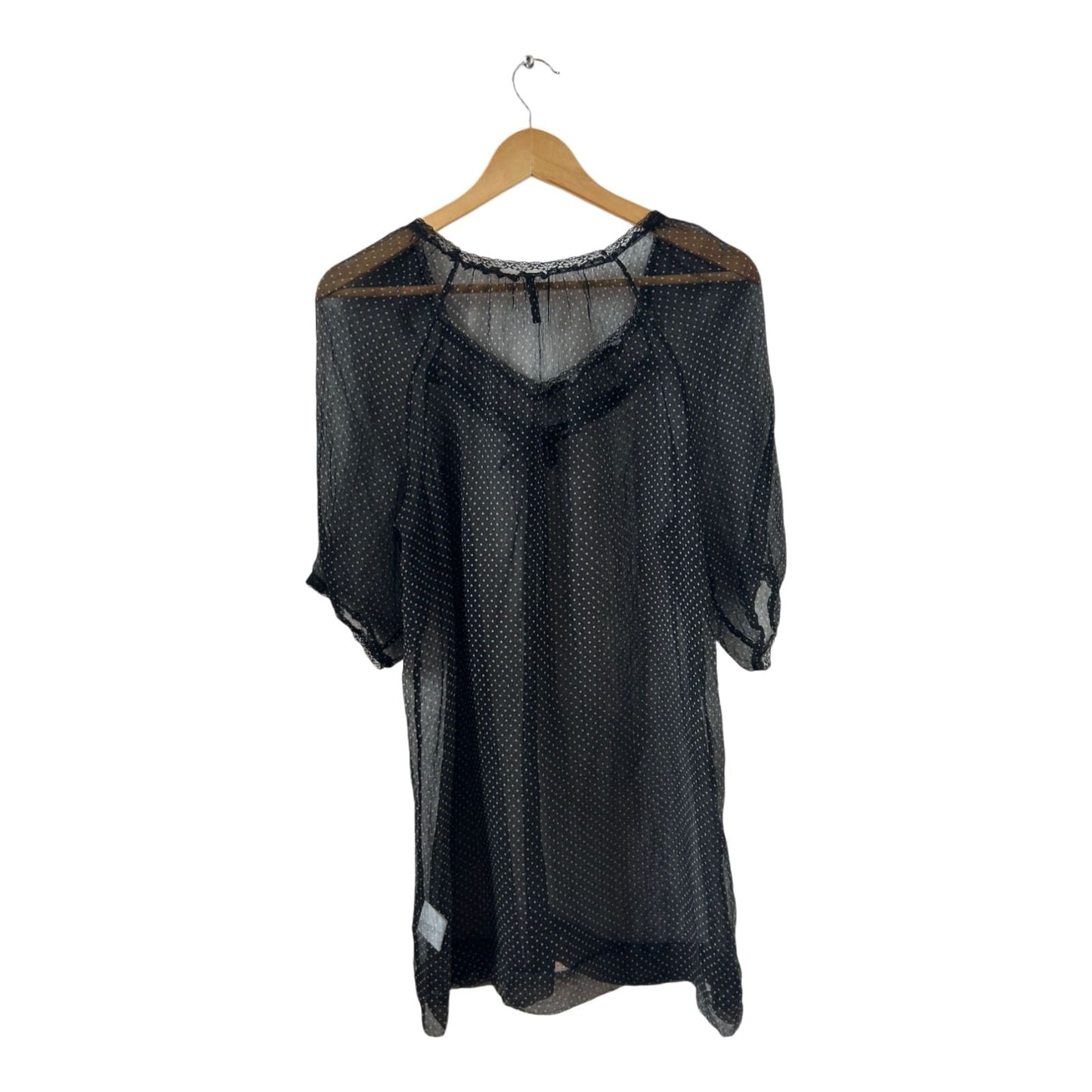 Naf Naf Bluse schwarz Seide transparent Punkte Gr 38 elegant Tunika Boho Sommer
