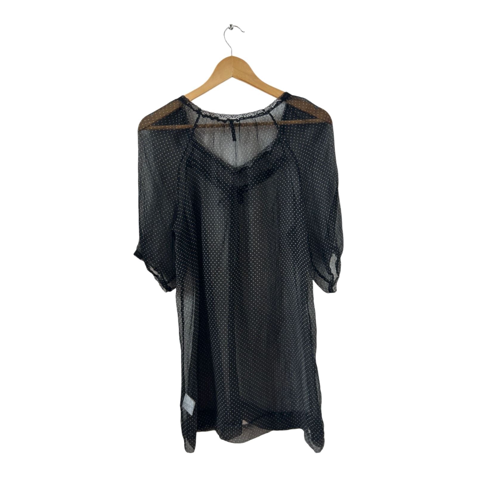 Naf Naf Bluse schwarz Seide transparent Punkte Gr 38 elegant Tunika Boho Sommer