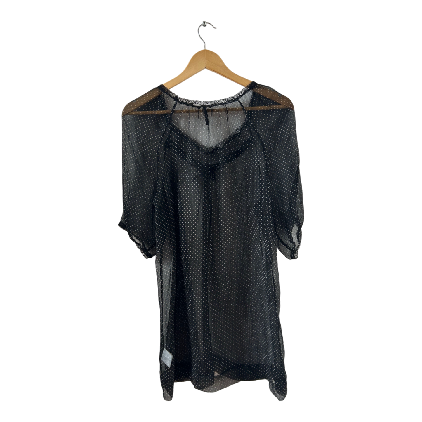 Naf Naf Bluse schwarz Seide transparent Punkte Gr 38 elegant Tunika Boho Sommer