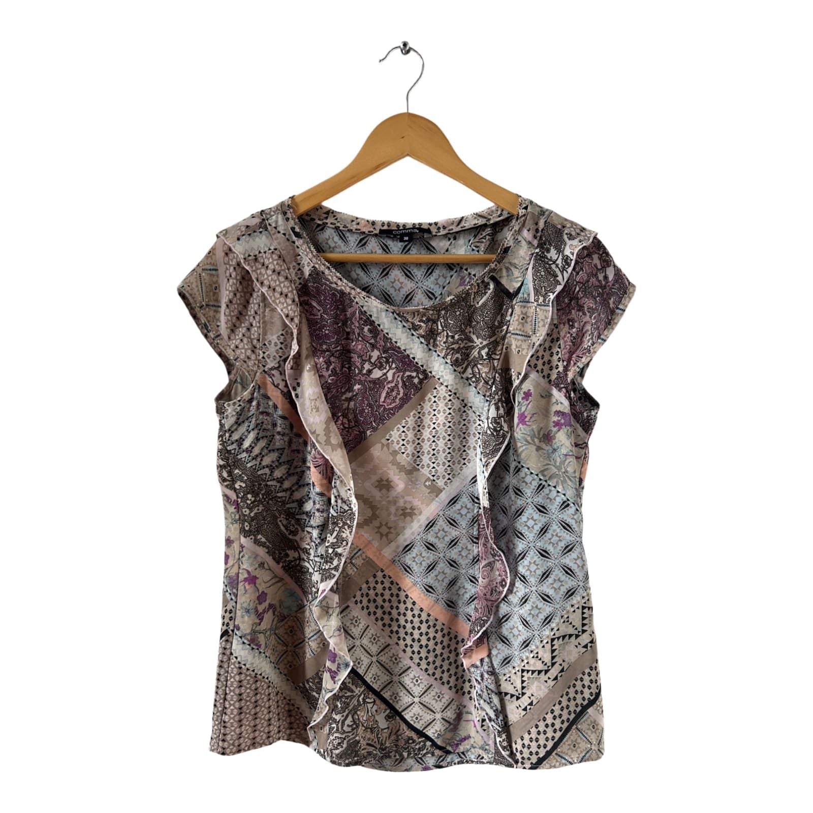 Verspielte Comma Bluse mit Seidenoptik Patchmuster Gr 38 – ideal für Sommerlooks