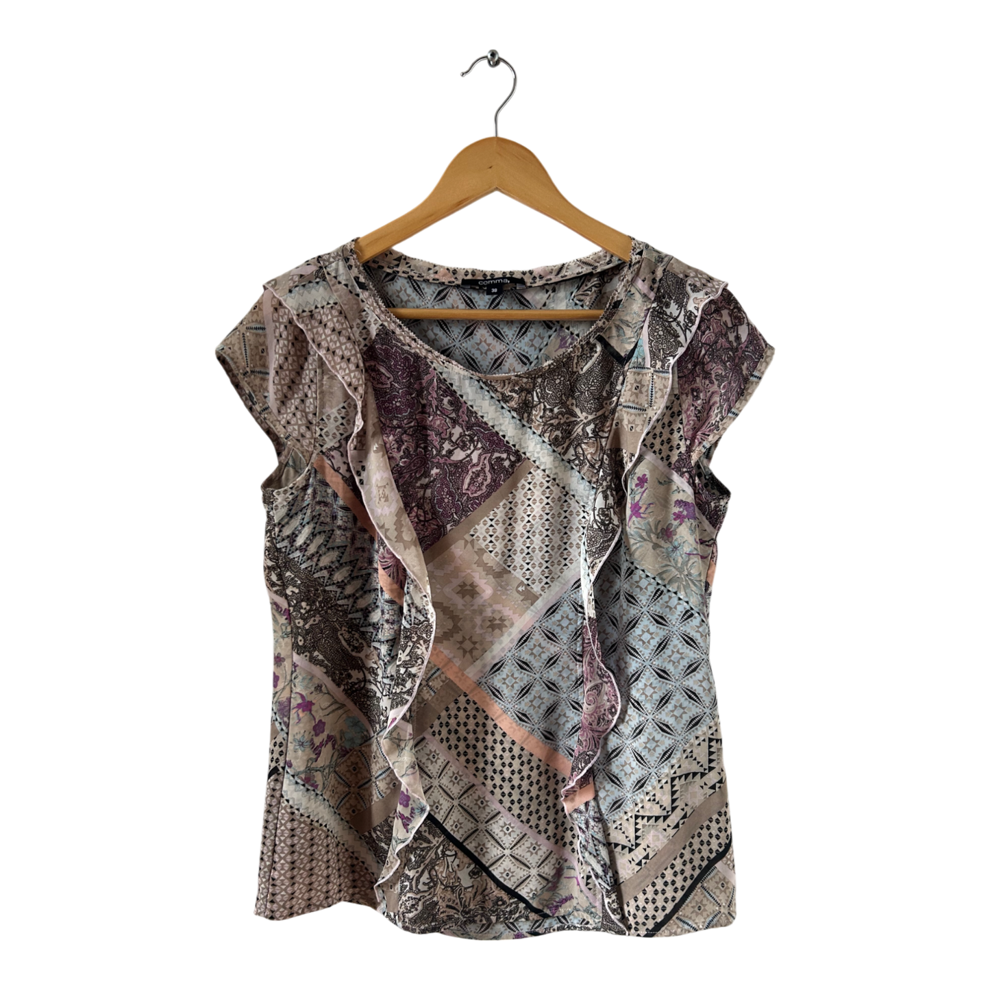 Verspielte Comma Bluse mit Seidenoptik Patchmuster Gr 38 – ideal für Sommerlooks