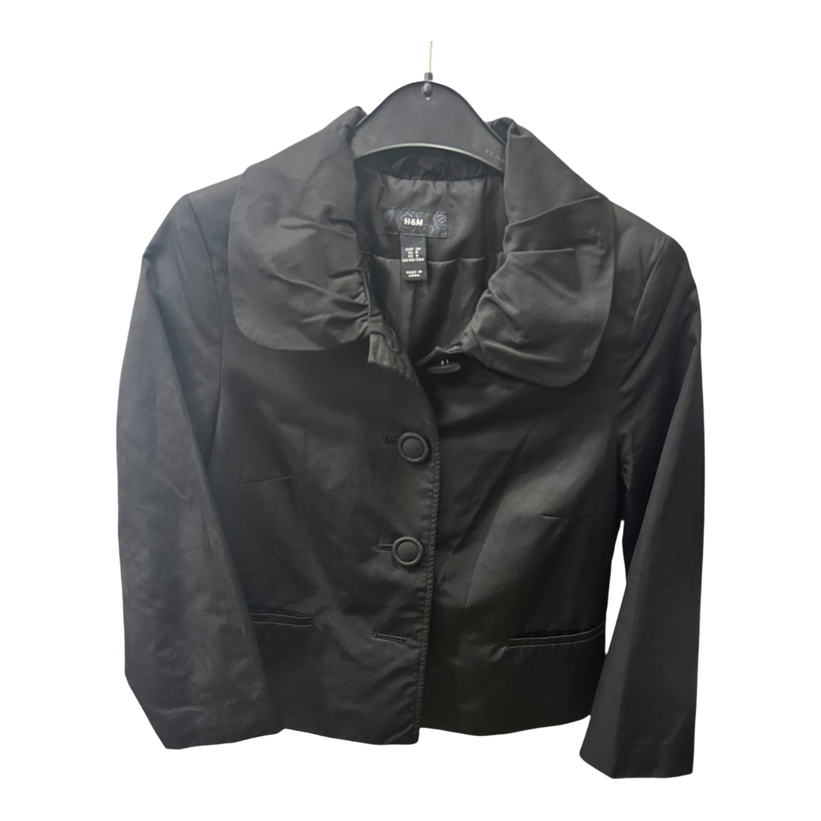 H&M Jacke Schwarz Gr 38 Kurz Elegant Satinoptik Große Knöpfe Vintage Stil