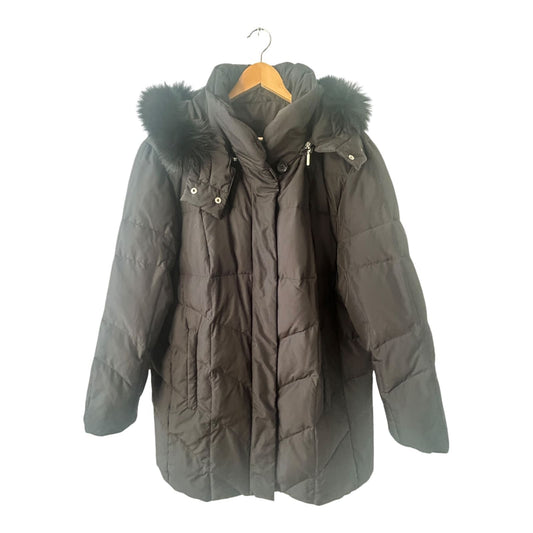 C S Outdoor Damen Daunenjacke Gr 46 Schwarz Echtdaune mit Kapuze Kunstfell